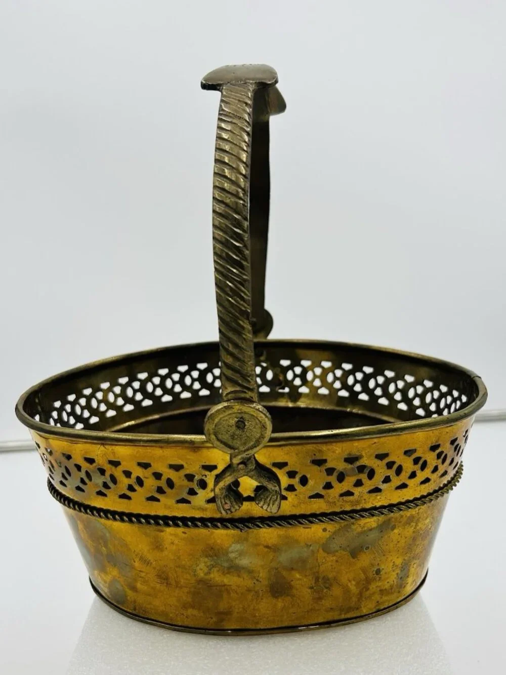 Vintage Solid Brass Basket Pierced Planter Twisted Rope Bow Tassels with Handle